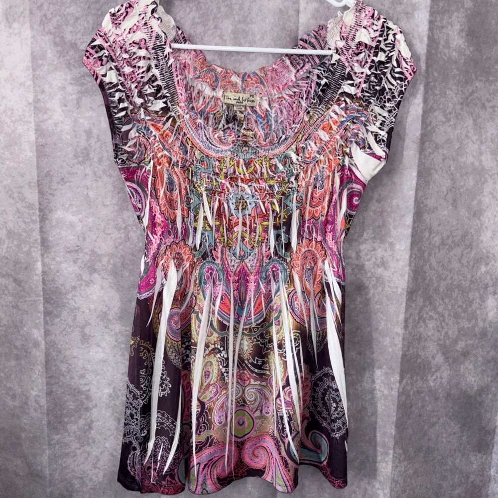 Live and Let Live Womens PS Multicolor Boho Paisley Smocked Top Aesthetic